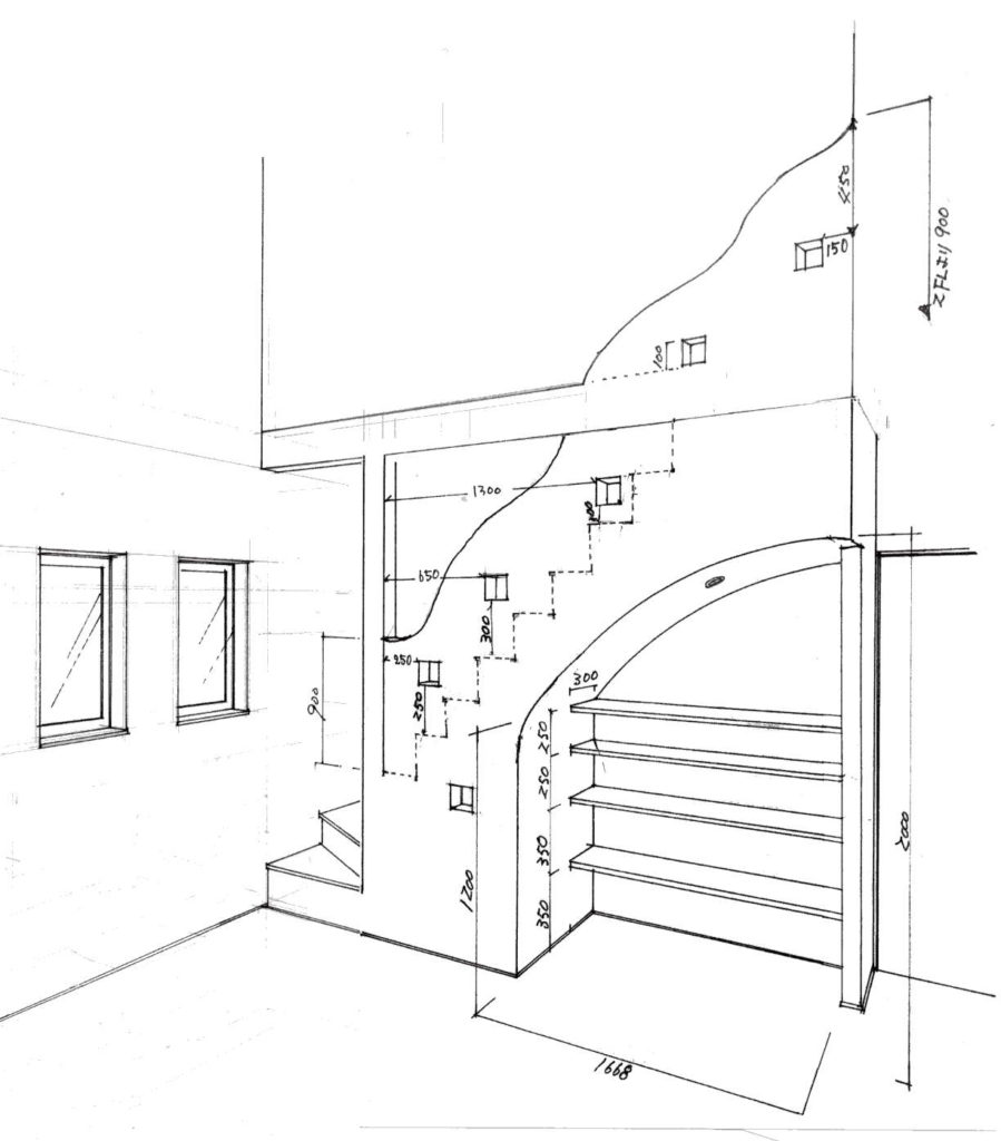 手描きパースの階段デザイン図