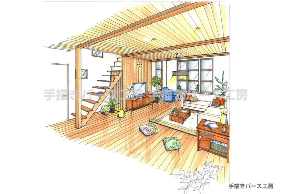 内観パース ミッドセンチュリーテイスト オシャレな手書きパースの作成 手描きパース工房 全国対応