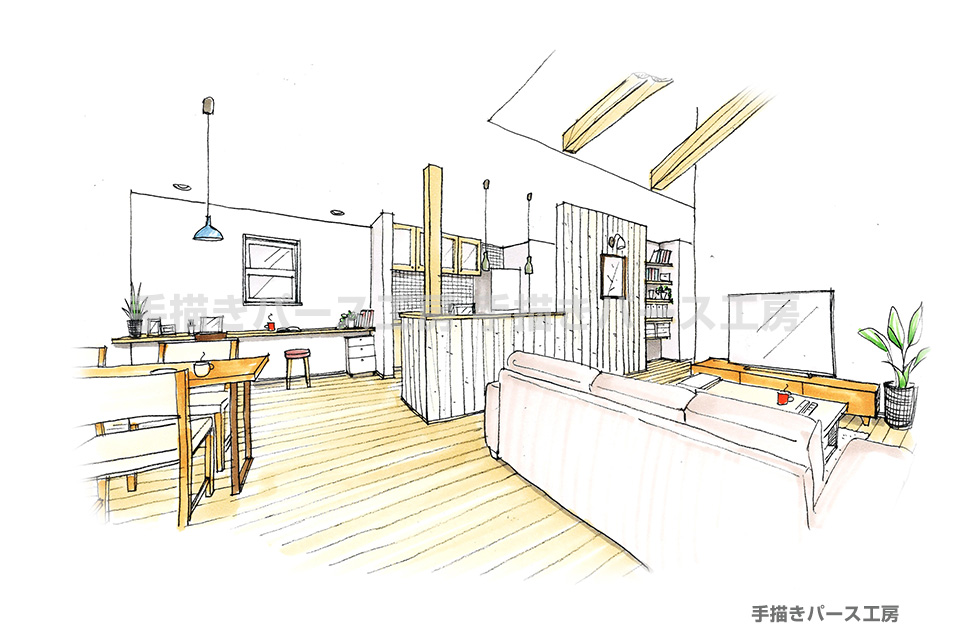 内観パース おしゃれでかわいいナチュラルな空間イメージ オシャレな手書きパースの作成 手描きパース工房 全国対応